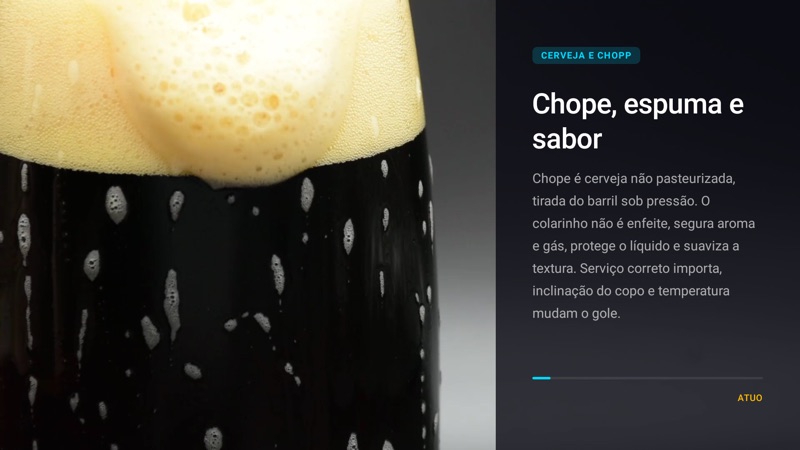 Tela do player exibindo uma peça editorial sobre chope, com a marca ATUO no rodapé