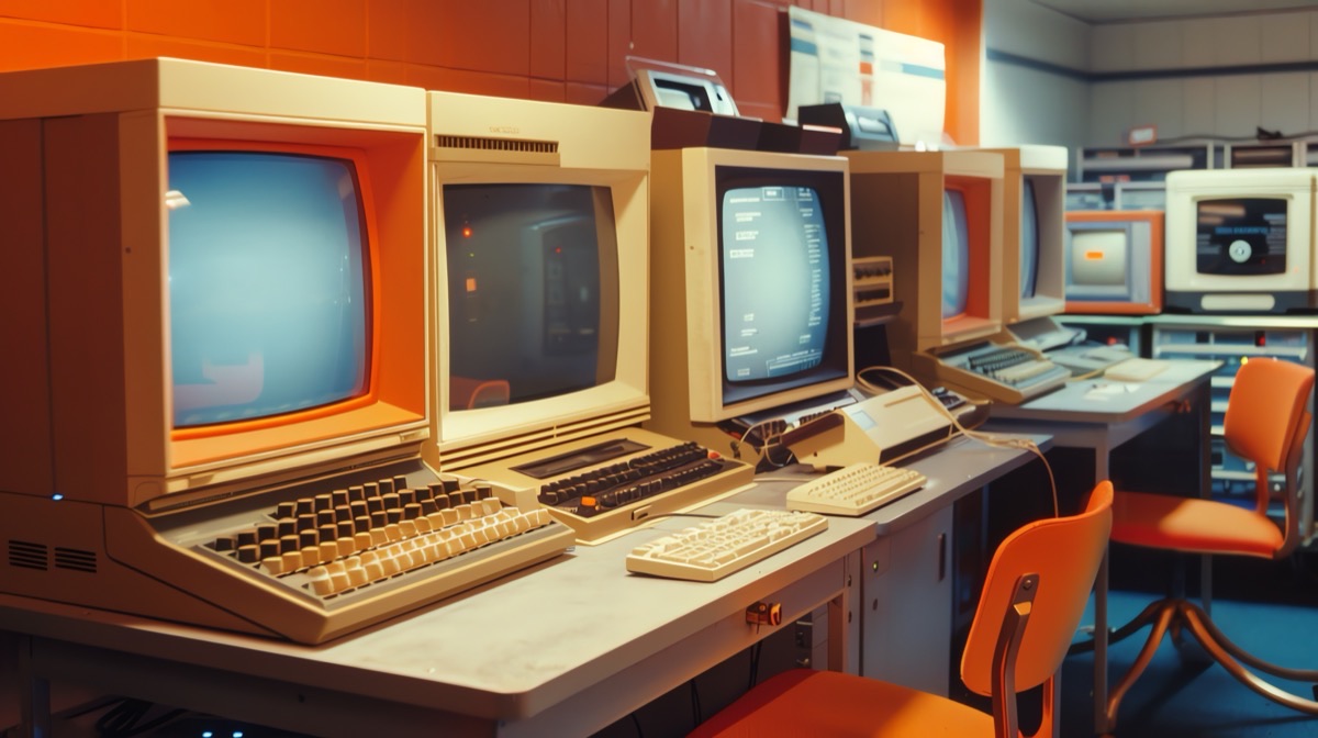 Vintage computer terminals in a retro computer room