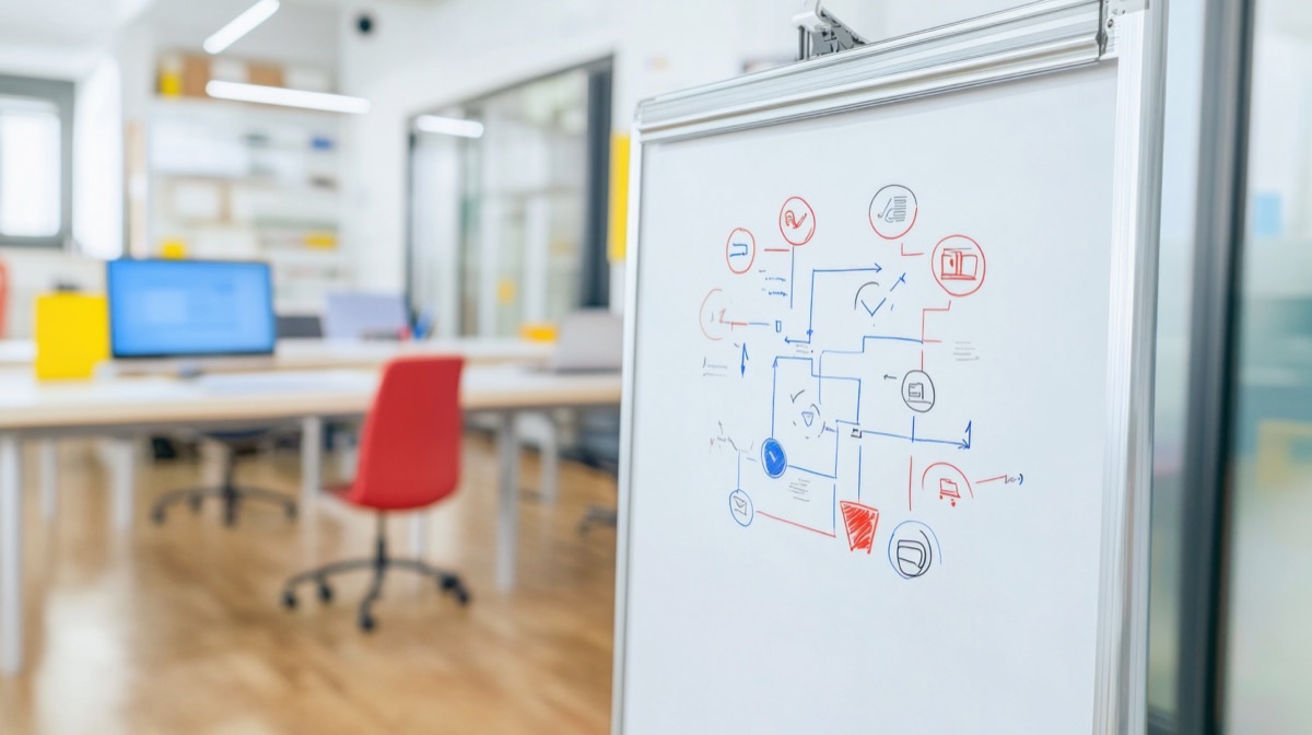 Whiteboard with a flowchart in an empty meeting room