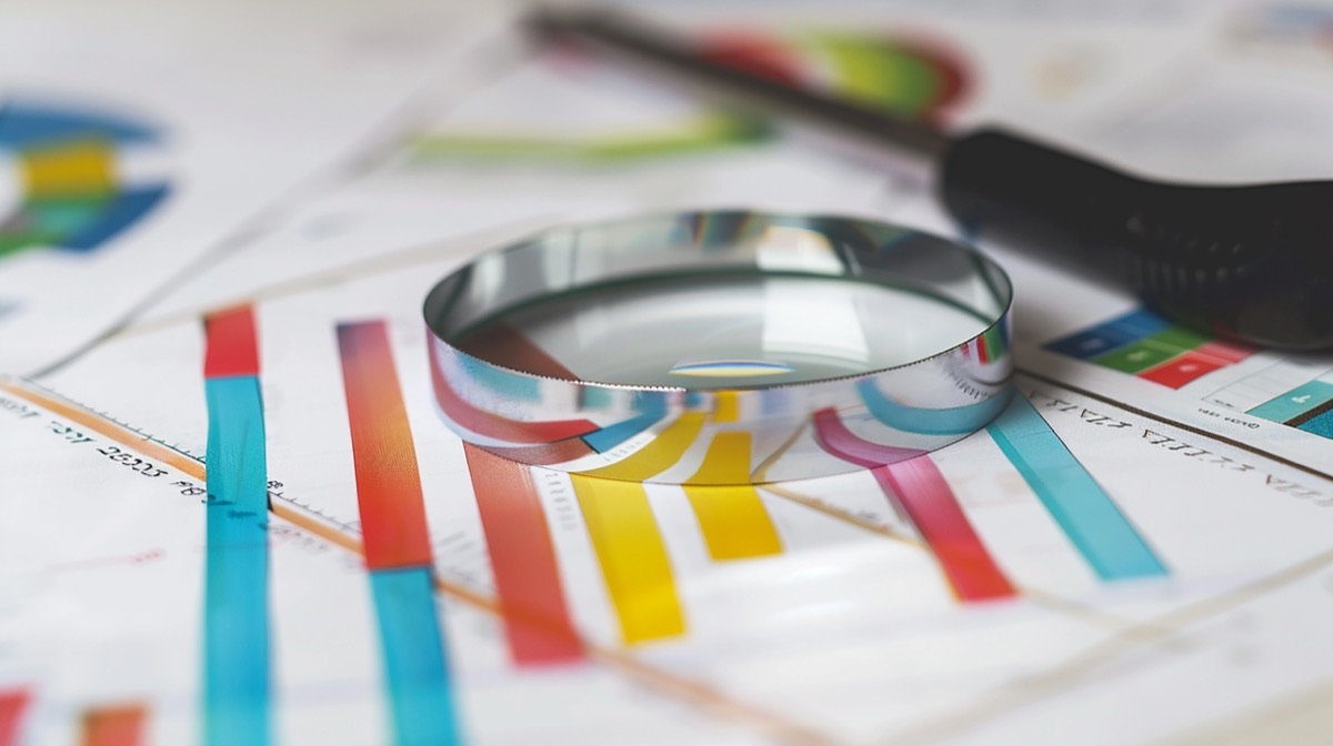 Printed reports with colour charts under a magnifier