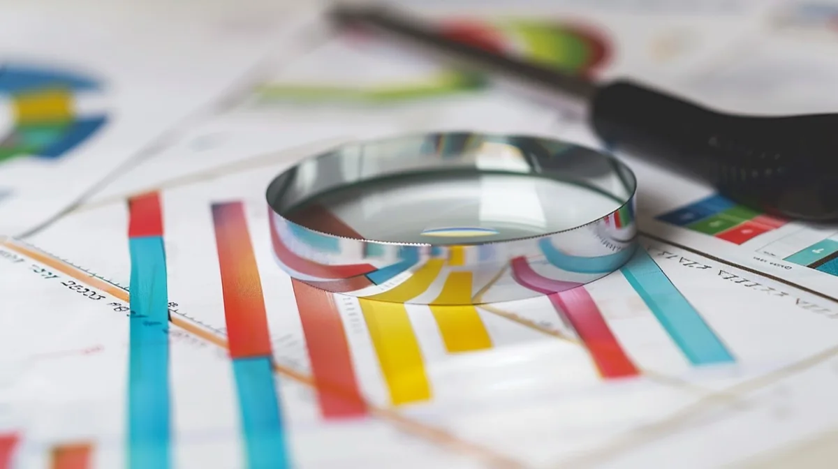 Printed reports with colour charts under a magnifier