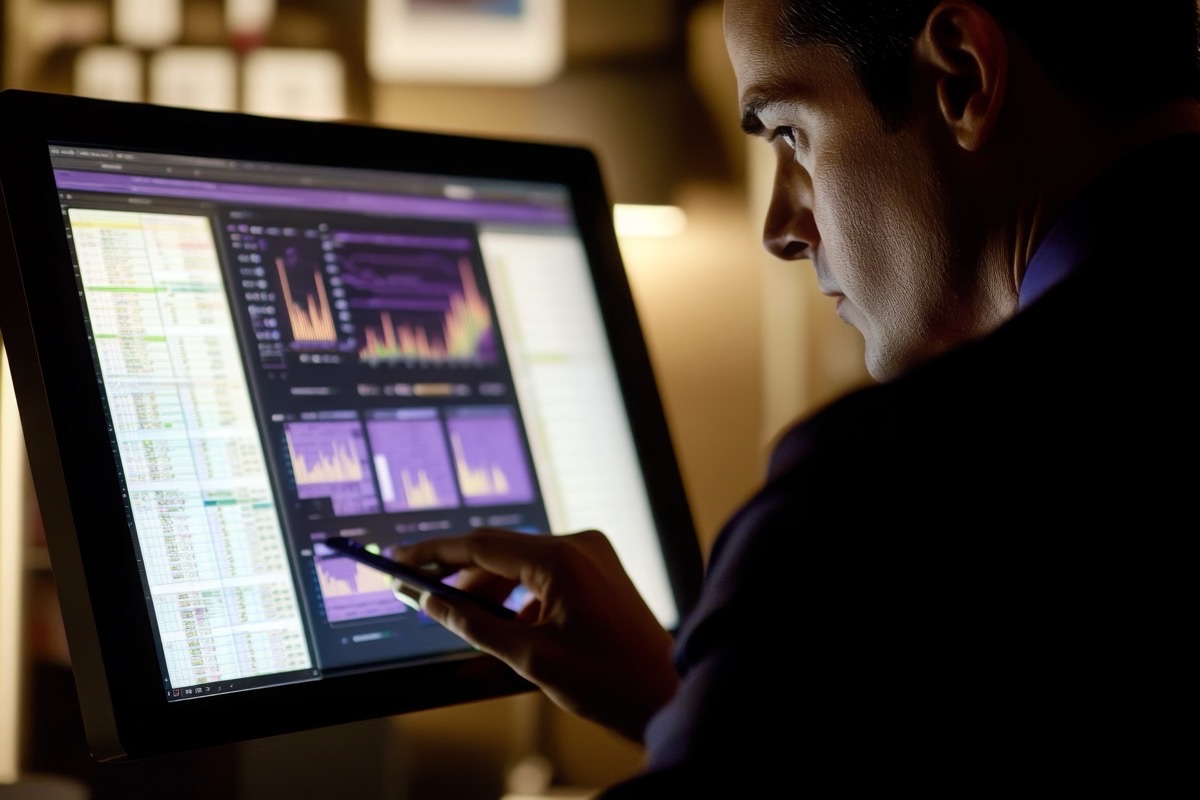Analyst reading charts on a touchscreen display