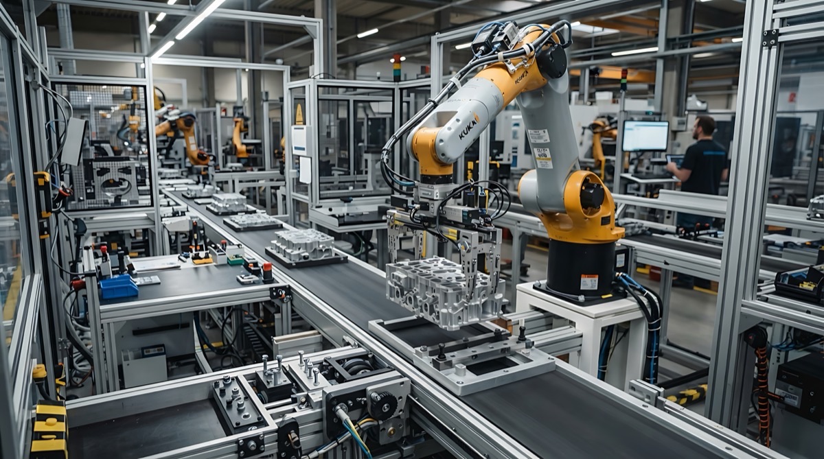 Robotic arm handling a metal component in a factory