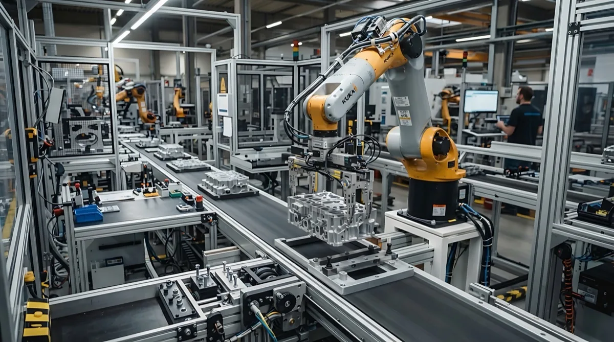 Robotic arm handling a metal component in a factory