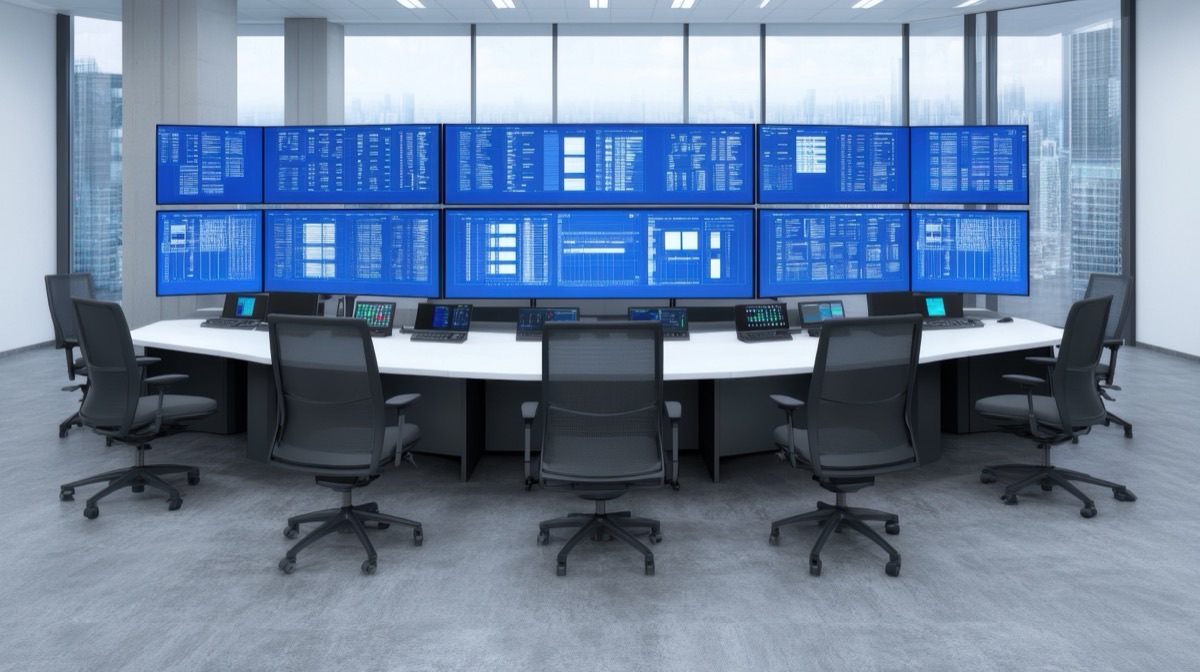 Control room with a wall of data screens