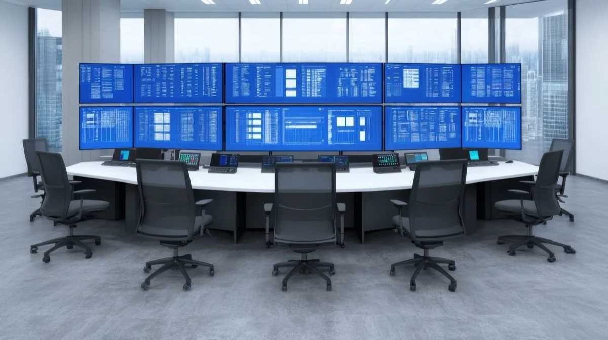 Control room with a wall of data screens
