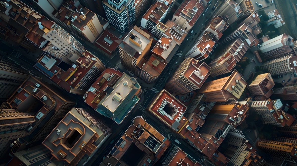 Top-down view of city blocks and streets