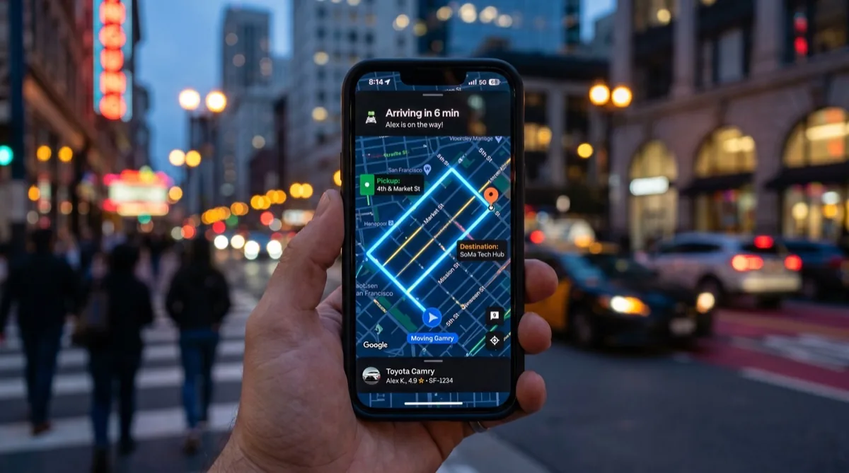 Phone showing a navigation app on a city street at night