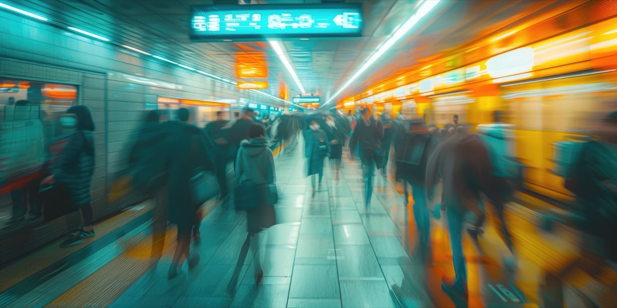 Commuters crossing a station concourse, motion blur