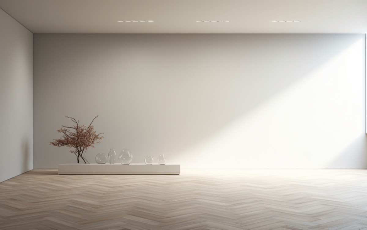 Empty minimal room with herringbone flooring