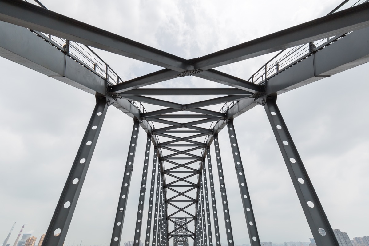 Close-up of the steel trusses supporting a bridge