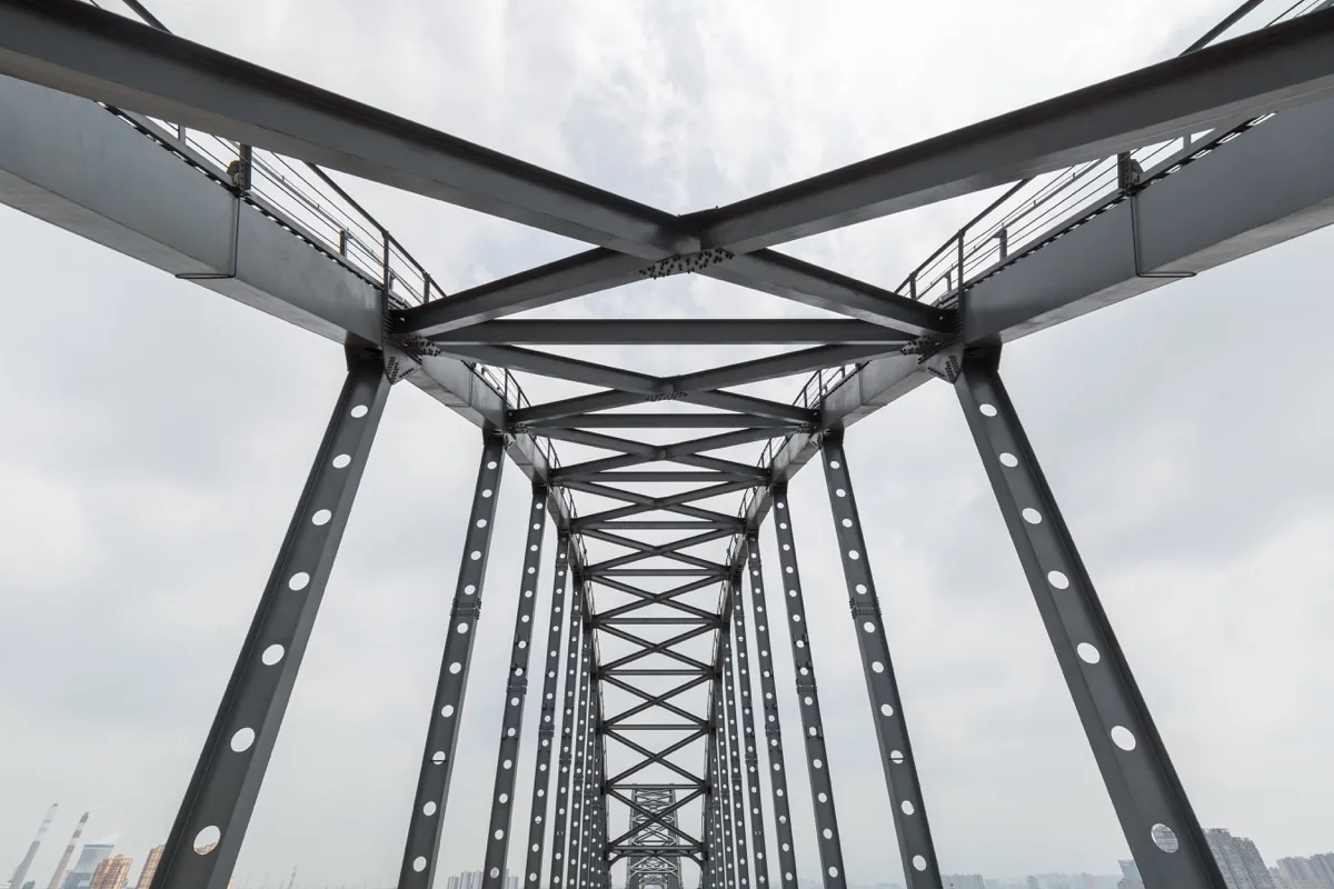 Close-up of the steel trusses supporting a bridge