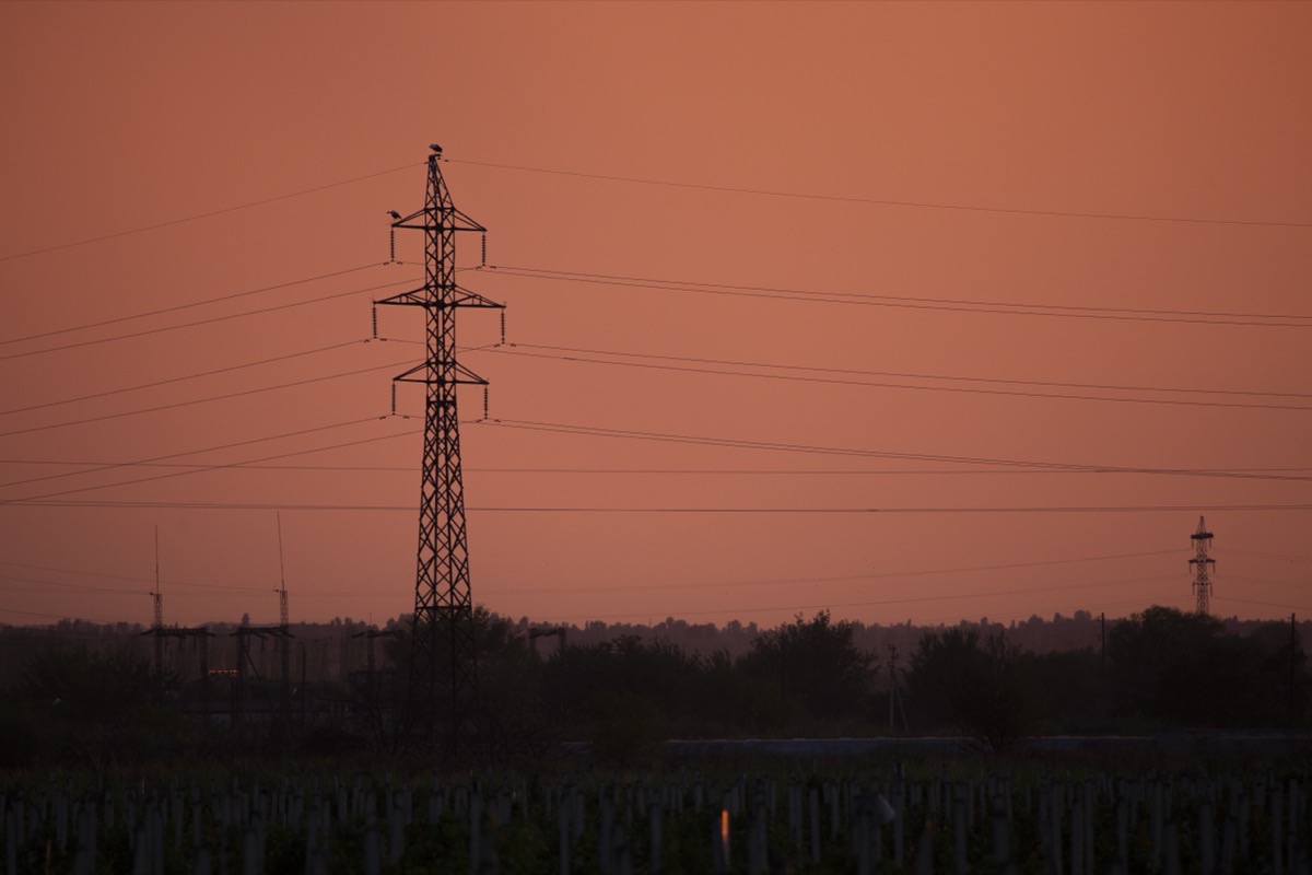 Power transmission tower at dusk