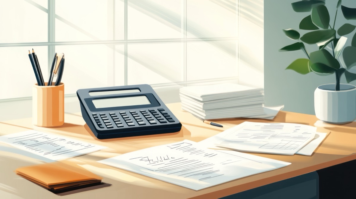 Desk with a calculator and invoices