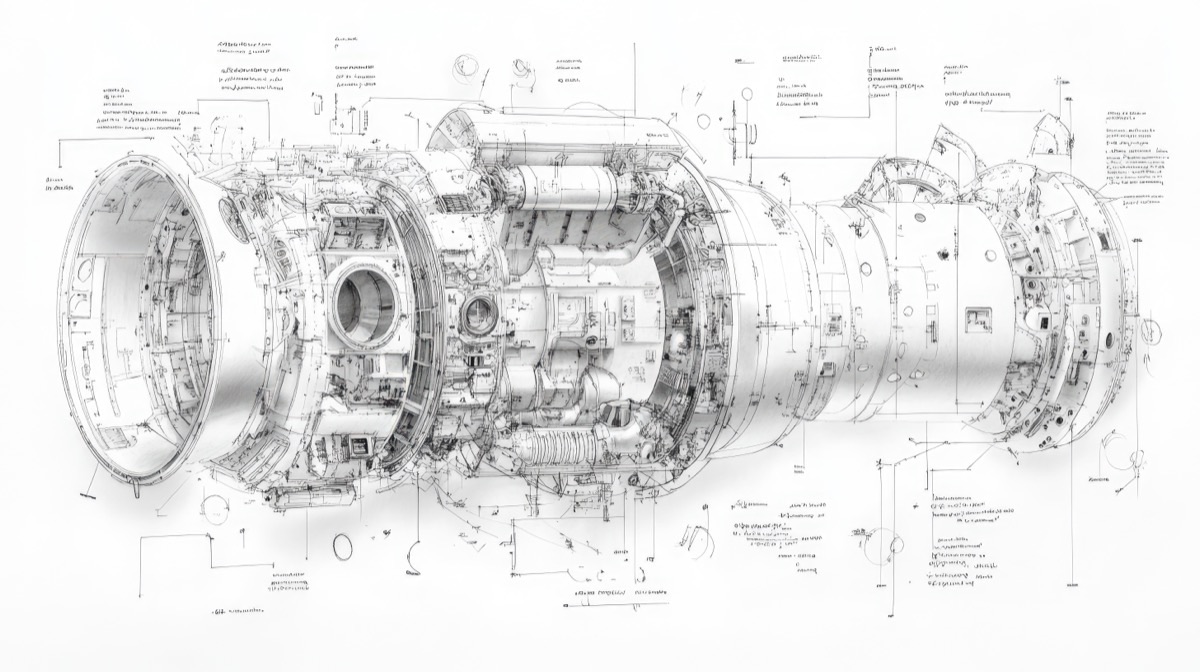 Cutaway technical drawing of an engine